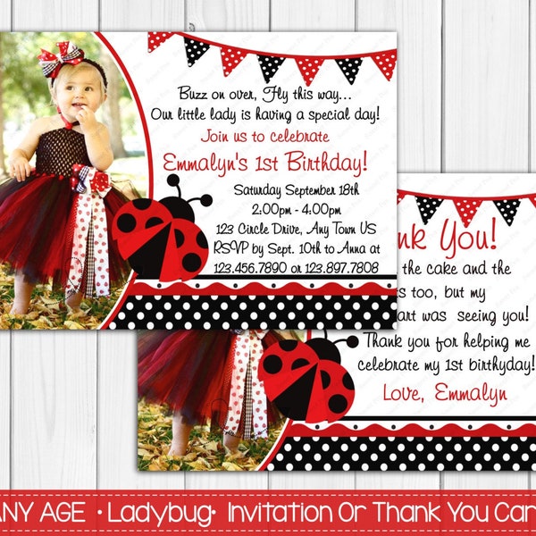 Any Age - Red Fancy Ladybug Birthday Invitation Or Lady bug Thank Card - Birthday Invites - Digital Printable Text, Print or Post  -  File