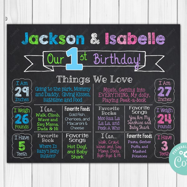 ANY COLOR - Twin Chalkboard Poster Milestone Chart Printable 16x20, 11x14 or 8x10 - Photography Prop - Digital Download Edit Editable