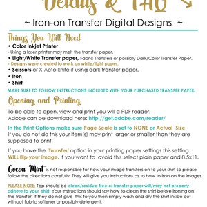 Op de afbeelding: Een printbare handleiding met instructies voor het gebruik van digitale strijktransferontwerpen. De handleiding bevat een lijst met benodigde materialen, zoals een kleureninktjetprinter, licht of wit transferpapier, een schaar, een strijkijzer en een T-shirt. Het bevat ook instructies voor het openen, bekijken en afdrukken van het ontwerp met behulp van een PDF-reader. De handleiding bevat ook instructies over hoe je kunt voorkomen dat het beeld wordt omgedraaid tijdens het afdrukken.