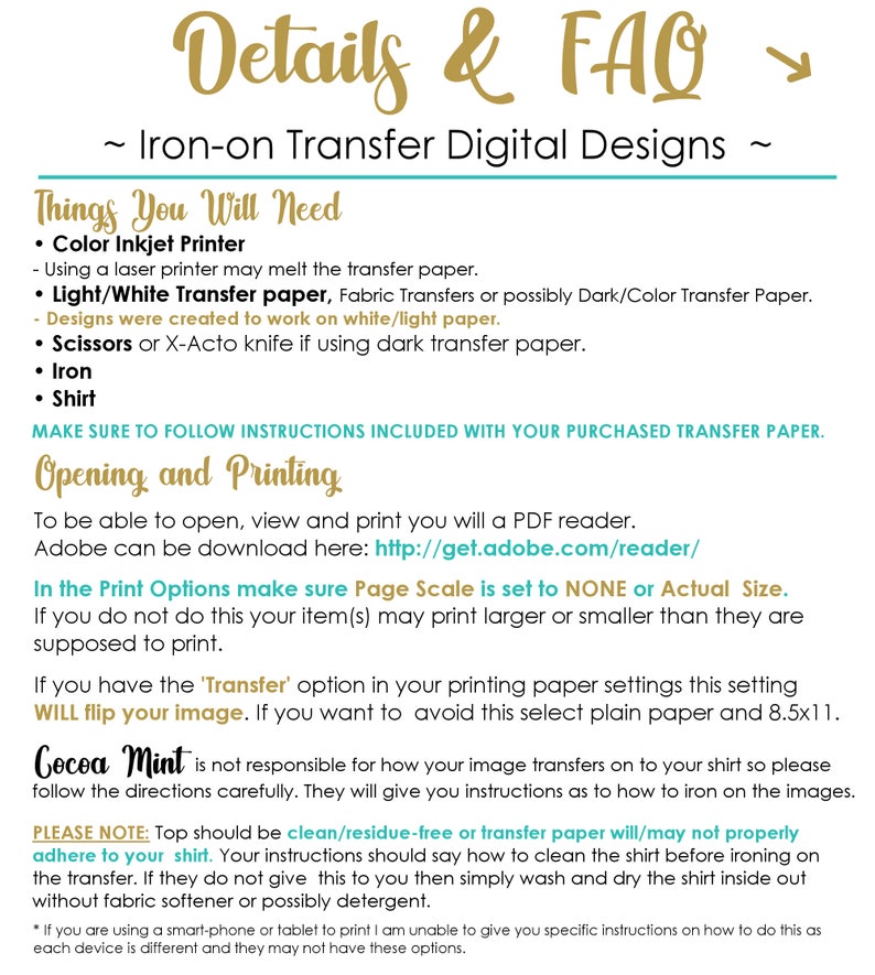 Op de afbeelding: Een printbare handleiding met instructies voor het gebruik van digitale strijktransferontwerpen. De handleiding bevat een lijst met benodigde materialen, zoals een kleureninktjetprinter, licht of wit transferpapier, een schaar, een strijkijzer en een T-shirt. Het bevat ook instructies voor het openen, bekijken en afdrukken van het ontwerp met behulp van een PDF-reader. De handleiding bevat ook instructies over hoe je kunt voorkomen dat het beeld wordt omgedraaid tijdens het afdrukken.