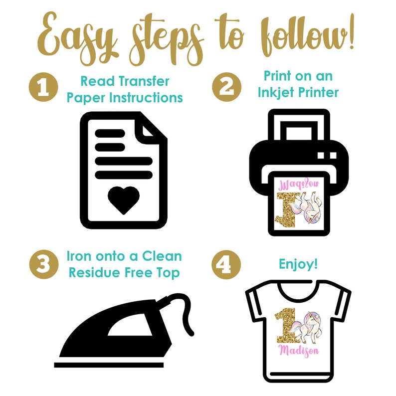 Op de afbeelding: Vier stappen om een gepersonaliseerd T-shirt te maken met strijktransferpapier. De stappen zijn: 1. Lees de instructies voor het transferpapier, 2. Print op een inkjetprinter, 3. Strijk op een schoon, residu-vrij shirt, 4. Geniet ervan! De afbeelding toont een document met een hart, een printer met een gedrukt ontwerp, een strijkijzer en een T-shirt met een eenhoornontwerp.