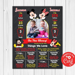 Twin Mickey & Minnie Mouse 1st Birthday  Chalkboard Poster Milestone Chart Printable - 16x20  11x14 8x10 - Photography Prop Digital Download
