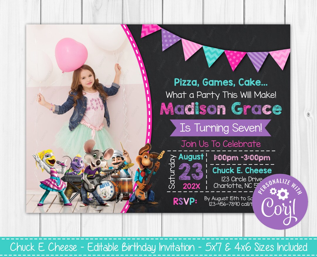 Editable Chuck E. Cheese Birthday Invitation Printable 4x6 &amp; 5x7 Invite ...