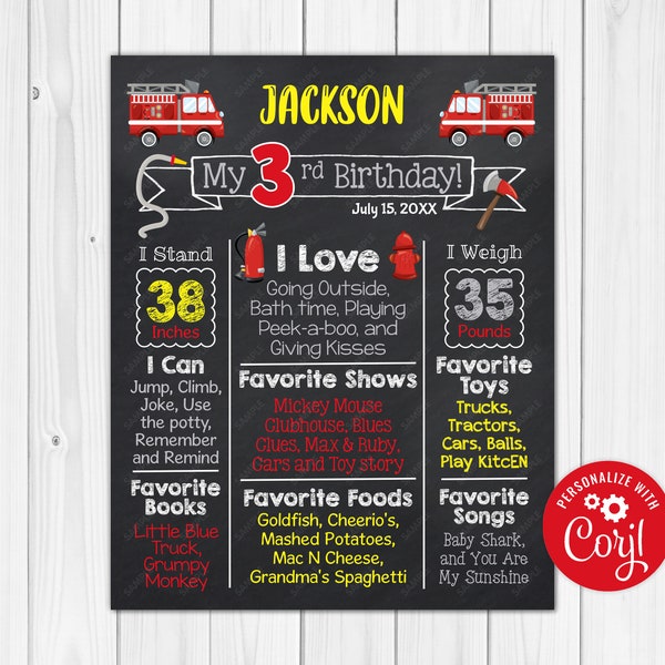 ANY AGE - Editable Fire Truck Chalkboard Poster Milestone Chart Printable 24x36 20x30 18x24 16x20 11x14 8x10 A1 A2 A3 A4 A5 Digital Download