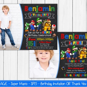 Any Age - Mario Chalkboard Birthday Invitation Or Thank Card - Digital Invites Text, Print or Post Online - No Photo Option