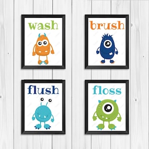 Instant Download - Printable Monster Bathroom Art Set Room Decor, Baby/Children Wall Art - Wash, Brush, Flush, Bath Bathroom