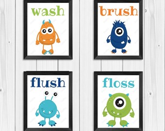 Instant Download - Printable Monster Bathroom Art Set Room Decor, Baby/Children Wall Art - Wash, Brush, Flush, Bath Bathroom