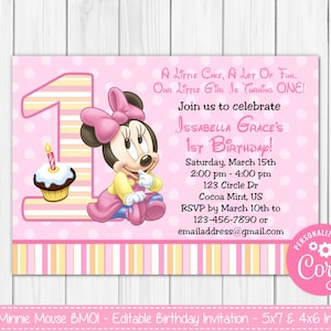Editable Baby Minnie Mouse 1st First Birthday Invitation - Printable 4x6 & 5x7 - Invite Files - Digital  Print - Instant Download