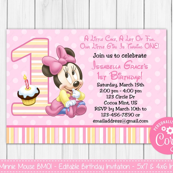 Editable Baby Minnie Mouse 1st First Birthday Invitation - Printable 4x6 & 5x7 - Invite Files - Digital  Print - Instant Download