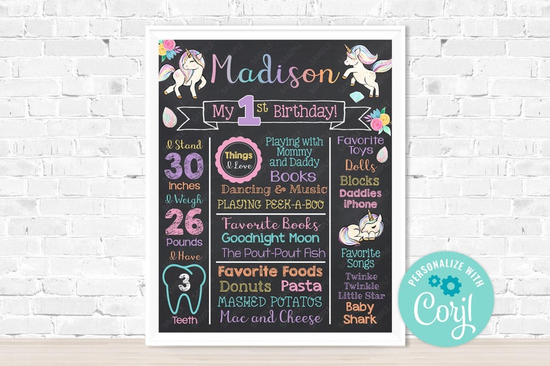 ANY AGE - Editable - Unicorn Chalkboard Poster Milestone Chart - Printable - 16x20 - 11x14 - 8x10 - Photography Prop - Digital Download Edit image 1