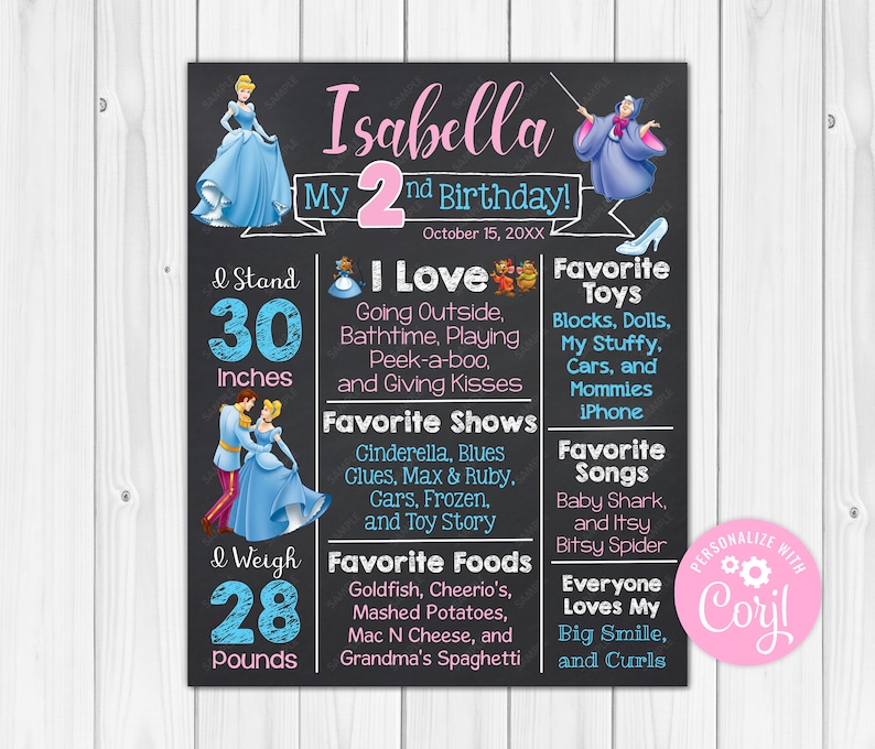 May include: A chalkboard style birthday sign for a 2-year-old girl named Isabella. The sign is decorated with images of Cinderella and the Fairy Godmother. It includes details about the child's height, weight, favorite activities, foods, shows, songs, and toys. The sign is personalized with the name "Coryl".