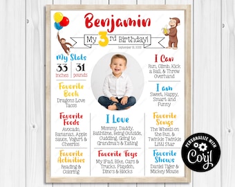 May include: A personalized birthday poster with a photo of a child. The poster includes the child's name, age, and favorite things, such as foods, toys, and activities. The poster is framed in a light wood color.