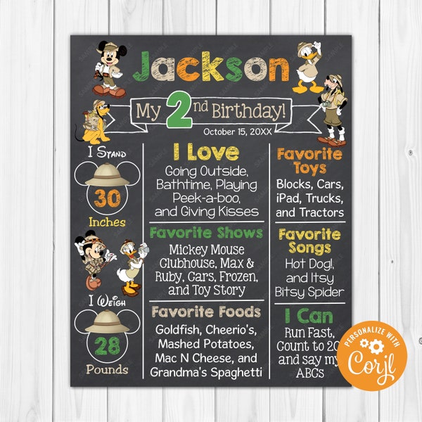 ANY AGE Editable - Mickey Mouse Safari Chalkboard Poster Milestone Printable 20x30, 18x24, 16x20, 11x14, 8x10, A1 - A5 Digital Download