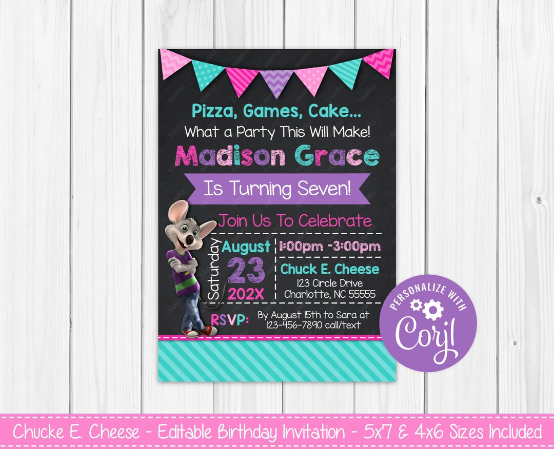 Editable - Chuck E. Cheese Birthday Invitation - Printable 4x6 &amp; 5x7 ...