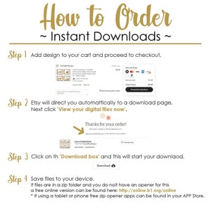 Op de afbeelding: Een stapsgewijze handleiding voor het bestellen van instant downloads van Etsy. De afbeelding toont een screenshot van een Etsy-vermelding met een product dat aan de winkelwagen is toegevoegd, een afrekenpagina en een downloadbevestigingsbericht. De tekst op de afbeelding luidt "How to Order ~ Instant Downloads ~" en bevat instructies voor het downloaden van digitale bestanden.