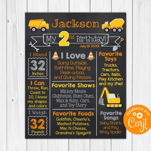 May include: A chalkboard style birthday sign for a 2-year-old boy named Jackson. The sign is decorated with construction vehicles and features details about the child's age, height, weight, favorite activities, foods, shows, and songs. The sign is personalized with the name "Coryl".