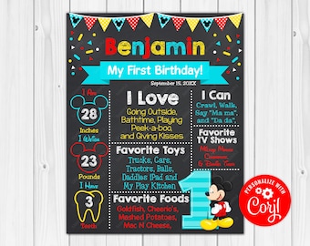 First Birthday Mickey Chalkboard Poster Milestone Chart Printable 16x20, 11x14 or 8x10 - Photography Prop - Digital Download Edit Editable