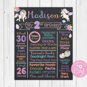 ANY AGE - Editable - Unicorn Chalkboard Poster Milestone Chart - Printable 20x30 - 16x20 11x14 - 8x10 - Photography Prop - Digital Download