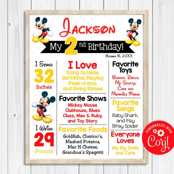 Any Age - Mickey Mouse Birthday Poster Milestone Chart Printable 24x36 20x30 16x20 12x18 11x14 8x10 Photography Prop Digital Download