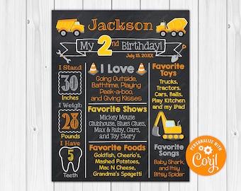 May include: A chalkboard style birthday sign for a 2-year-old boy named Jackson. The sign is decorated with construction vehicles and features details about the child's age, height, weight, favorite activities, shows, foods, and songs. The sign is personalized with the name "Coril".