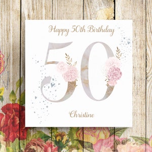 Biglietto personalizzato per il cinquantesimo compleanno, Biglietto per il cinquantesimo compleanno, Biglietto di compleanno per la figlia, Biglietto di compleanno per la nipote, Biglietto per lei, Biglietto di compleanno floreale