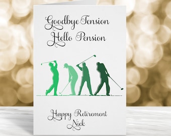Personalised Retirement Card, Happy Retirement Card, Goodbye Tension Hello Pension, Golf Fan Card