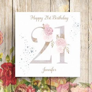 Carte personnalisée 21e anniversaire, carte 21e anniversaire, carte 21e anniversaire, carte pour elle, carte d'anniversaire florale