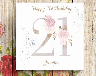 Biglietto Di Auguri 21° Compleanno Per Nipote – "21 Today" Con Donna In Vestito Blu E Fiori, 23x15 Cm Con Busta