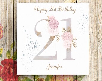 Biglietto Di Auguri 21° Compleanno Per Nipote – "21 Today" Con Donna In Vestito Blu E Fiori, 23x15 Cm Con Busta