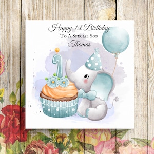 Carte personnalisée 1er anniversaire, carte 1er anniversaire, carte premier anniversaire, carte d'anniversaire de fils, carte d'anniversaire de petit-fils, carte d'anniversaire éléphant