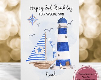 Personalised Birthday Card, Nautical Design, Custom Age & Relation, Son, Grandson, Nephew, 1st, 2nd, 3rd Birthday, Toddler Birthday Card