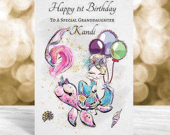 Personalised 1st Birthday Card, 2nd Birthday Card, 3rd Birthday, Children Age Birthday Card, Kids Birthday Card, Mermaid Birthday Card