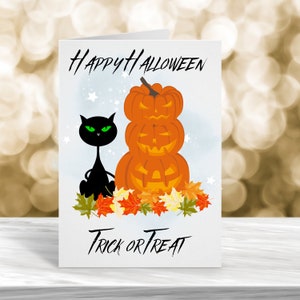 Carte Happy Halloween, carte d'Halloween, jolie carte d'Halloween, carte des bonbons ou des sorts, carte pour Halloween, carte de chat noir, chat de sorcière