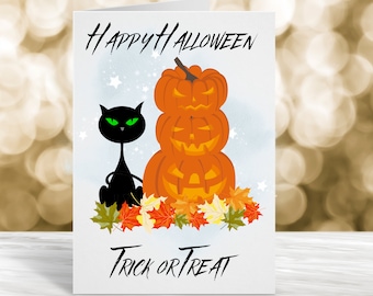 Happy Halloween Card, Halloween Card, Cute Halloween Card, Trick or Treat Card, Card for Halloween, Black Cat Card, Witches Cat