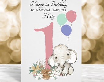 Personalised 1st Birthday Card, Girls 1st Birthday Card, First Birthday Card, Daughter 1st Birthday Card, Elephant Birthday Card,