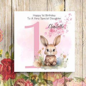 Carte personnalisée 1er anniversaire, carte 1er anniversaire, carte premier anniversaire, carte d'anniversaire fille, carte d'anniversaire petite-fille, carte lapin,