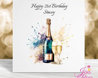 Personalised 21st birthday card, Personalised Milestone Celebration Card, Champagne Bottle and Glasses Design