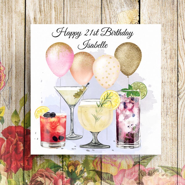 Carte personnalisée 21e anniversaire, carte 21e anniversaire, carte d'anniversaire personnalisée, carte 18e anniversaire, carte pour elle, carte d'anniversaire cocktail