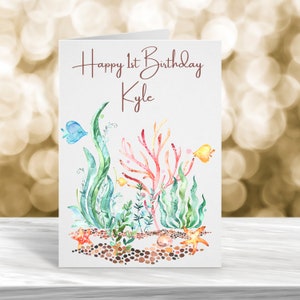 Tarjeta personalizada de 1er cumpleaños, 2o cumpleaños, 3er cumpleaños, tarjeta de cumpleaños de la edad de los niños, tarjeta de cumpleaños para niños, tarjeta de acuario, tarjeta de pez lindo