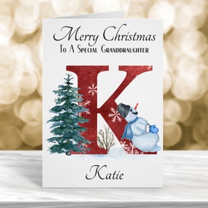 Biglietto di Natale personalizzato, Biglietto di Natale con pupazzo di neve, Biglietto di Natale per la nipote, Biglietto di Natale per il nipote, Biglietto di Natale con iniziale