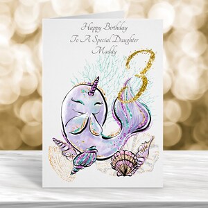 Biglietto personalizzato per il 3° compleanno, Biglietto per il 3° compleanno, Biglietto personalizzato per ragazza, 1° compleanno, 2° compleanno, Biglietto di compleanno Narwhale