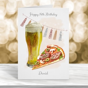 Cartão de aniversário personalizado de 18 anos, cartão de 21 anos, cartão de 30 anos, cartão de 40 anos, cartão de 50 anos, cartão de aniversário de cerveja e pizza