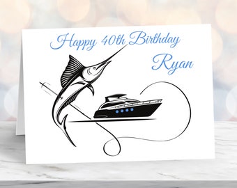 Personalised 40th Birthday Card, 18th Birthday Card, 21st Birthday Card, Card for Fisherman, Fishing Fan Card, Card For Him, Marlin Fishing