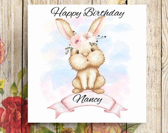 Personalised Bunny Birthday Card, Bunny Birthday Card, Woodland Animal Birthday Card, Card for Her, Daughter Card, Friend Card