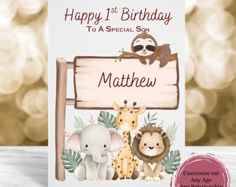 Personalised 1st Birthday Card Jungle Theme, Cute Safari Animal Birthday Card for 1 Year Old Boy or Girl, Baby's 1st Birthday