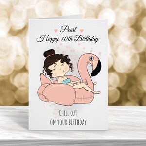 Tarjeta personalizada de edad para niños Flamingo, tarjeta de cumpleaños para niños, octavo cumpleaños, noveno cumpleaños, décimo cumpleaños, tarjeta de cumpleaños Chill Out