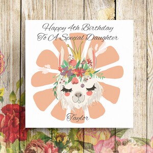 Cartão de aniversário personalizado de 4º aniversário, cartão de aniversário de lhama, cartão de aniversário de filha, cartão de 5º aniversário, cartão de 3º aniversário, cartão para ela