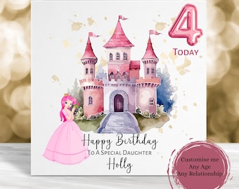 Personalized Princess 4th Birthday Card, Fairytale Castle