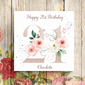 Carte personnalisée 21e anniversaire, carte 21e anniversaire, carte 21e anniversaire, carte pour elle, carte d'anniversaire florale, carte d'anniversaire