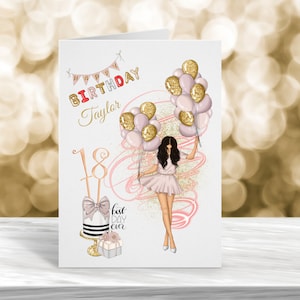 Personalisierte Achtzehnte Geburtstag, 18. Geburtstag, 21. Geburtstag, 30. Geburtstag, jedes Alter Karte, Mädchen mit Ballons Karte, dunkles Haar